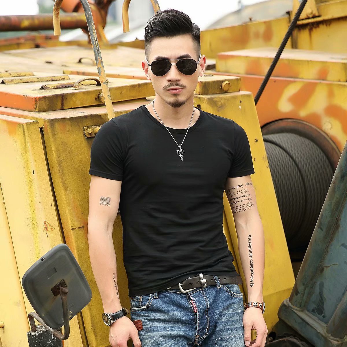 Korean Slim Fit Men's Elbow-sleeved Top Tight Elastic T-shirt