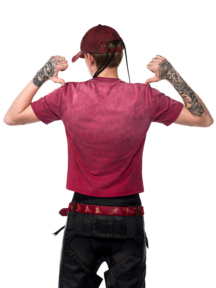 Men's Summer Spray Dirty Washed Distressed Slim-fit Red Short Sleeve