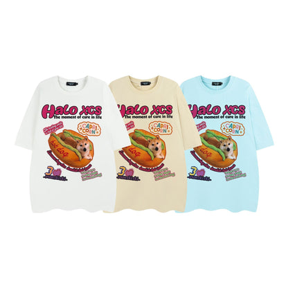Cartoon Hamburger Dog Printed Short-sleeved T-shirt Couple's Tops