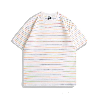 Color Striped Short Sleeve Round Neck Couple Half Sleeve T-shirt