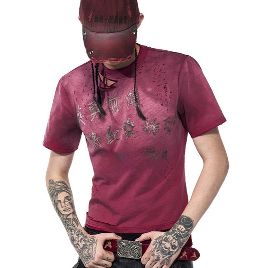 Men's Summer Spray Dirty Washed Distressed Slim-fit Red Short Sleeve