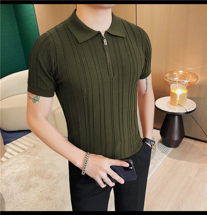 Casual Zipper Short Sleeve Men's Retro Elegant Jacquard Lapel