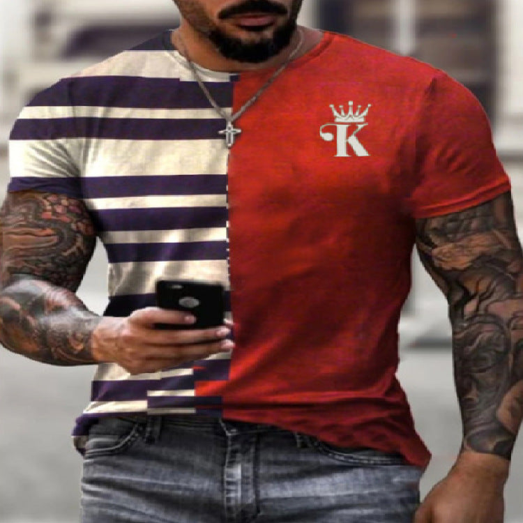 Contrasting Striped King Crew Neck Print Loose Short Sleeve T-Shirt