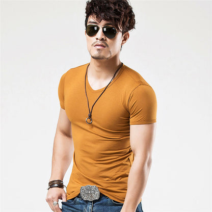 V-neck Slim Short-Sleeved Men's T-Shirt Youth Tight Bottoming Shirt