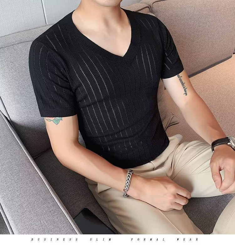 Men's Half Sleeve Hollow V-neck Slim-fit Short-sleeved