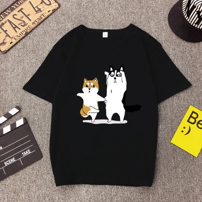BF BF wind cartoon god trouble dog Husky couple print T-shirt loose student short sleeve