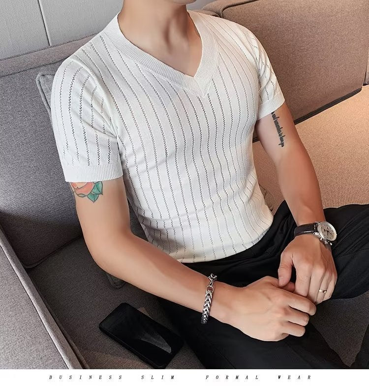 Men's Half Sleeve Hollow V-neck Slim-fit Short-sleeved