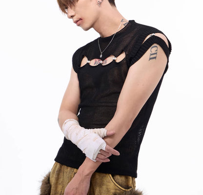 Dark Hollow-out Knitmesh Sleeveless T-shirt