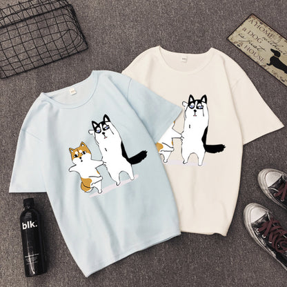 BF BF wind cartoon god trouble dog Husky couple print T-shirt loose student short sleeve