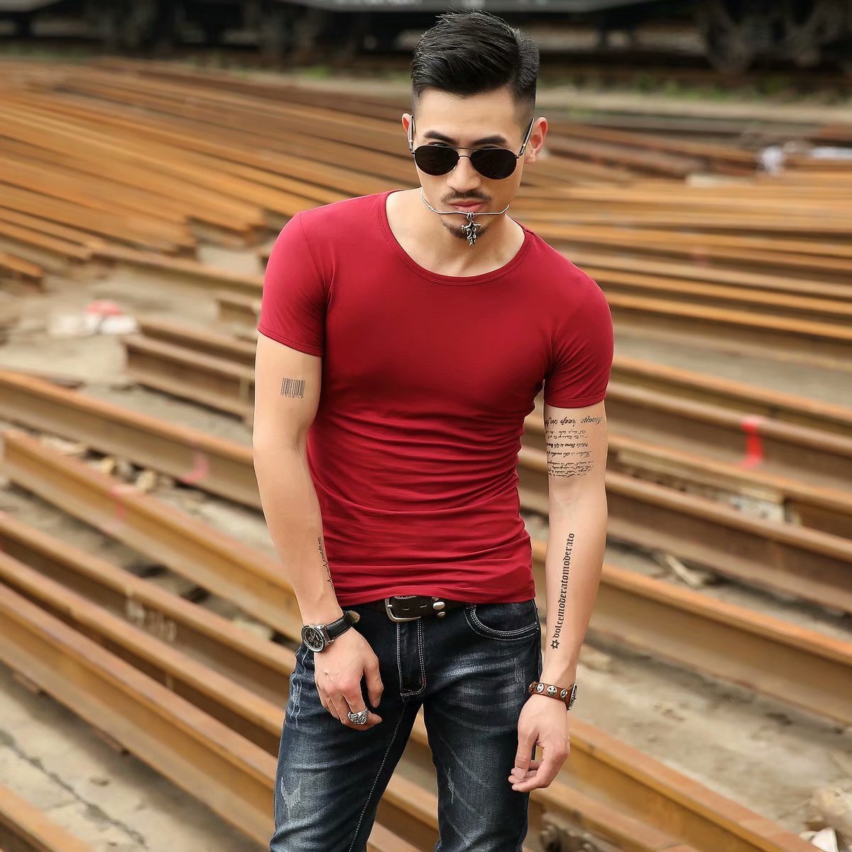 Korean Slim Fit Men's Elbow-sleeved Top Tight Elastic T-shirt