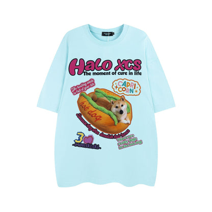 Cartoon Hamburger Dog Printed Short-sleeved T-shirt Couple's Tops
