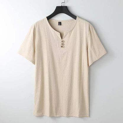 Men's Chinese-style Cotton And Linen V-neck Short Sleeve