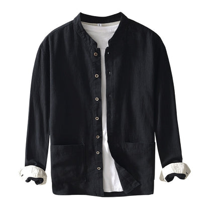 Chinese-style Stand Collar Ramie Long-sleeved Shirt Breathable Linen Casual Chinese-style Shirt For Men