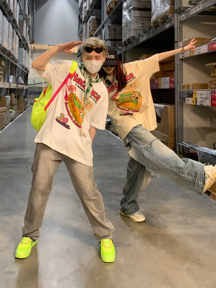 Cartoon Hamburger Dog Printed Short-sleeved T-shirt Couple's Tops
