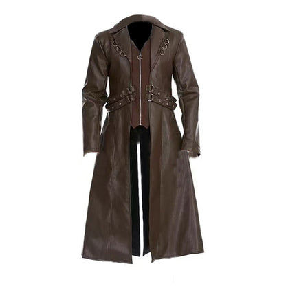 European And American Medieval Clothing Mid-length PU Leather Trench Coat
