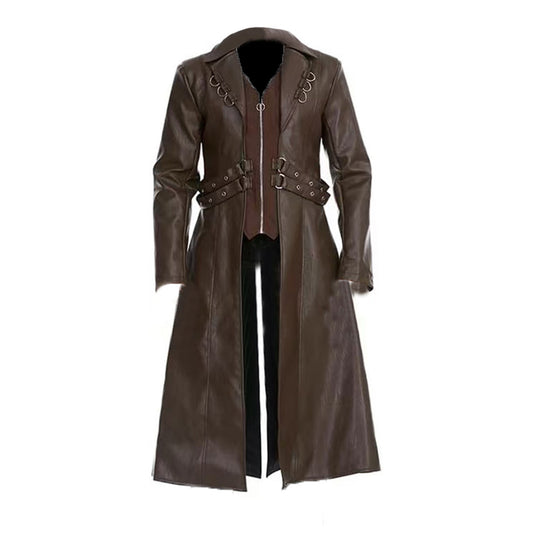 European And American Medieval Clothing Mid-length PU Leather Trench Coat