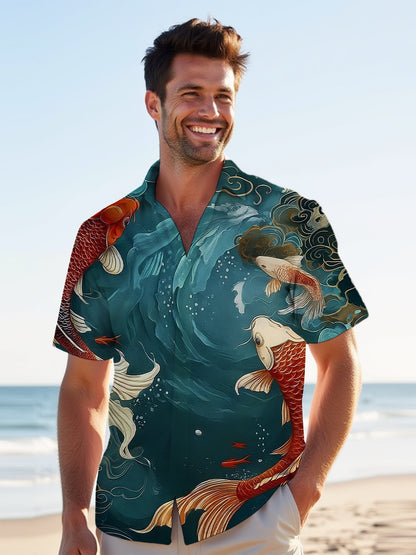 Lapel Printed Sleeve Button Men's Shirt