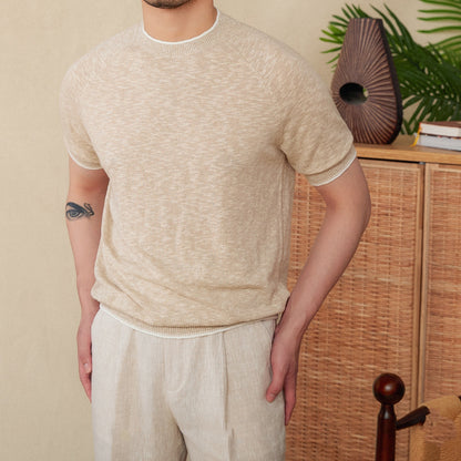 Breathable Round Neck Linen Cotton Casual Knitted Short-sleeved T-shirt