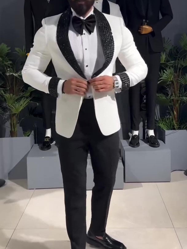 White Tuxedo Jacket With Black Sequin Lapel