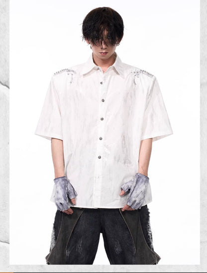 Spine Snake-shaped Shoulder Pad White Shirt Men's Beaded Gold-plated Short Sleeve