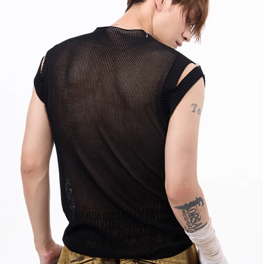 Dark Hollow-out Knitmesh Sleeveless T-shirt