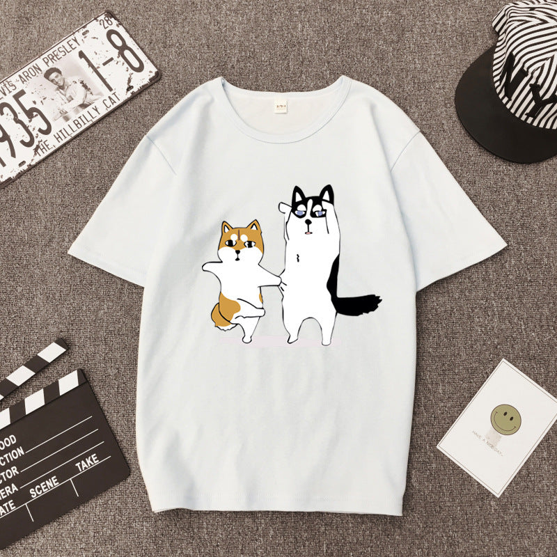 BF BF wind cartoon god trouble dog Husky couple print T-shirt loose student short sleeve