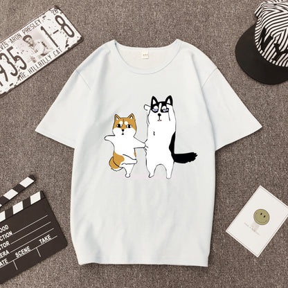 BF BF wind cartoon god trouble dog Husky couple print T-shirt loose student short sleeve