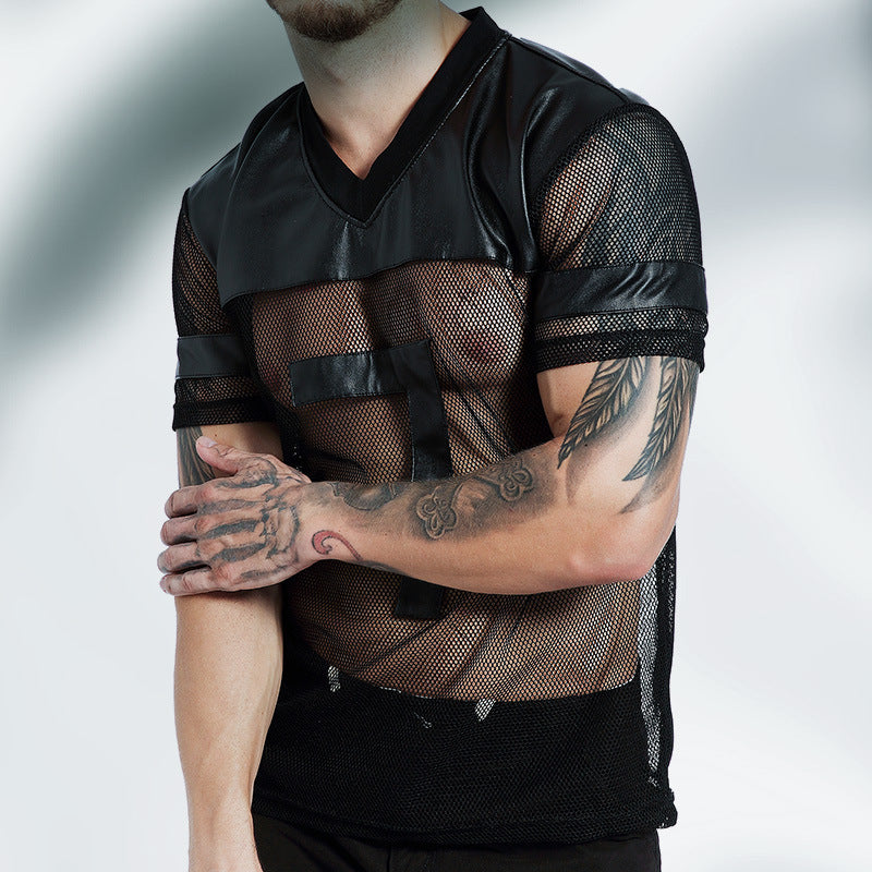 Men's Breathable Running Mesh T-shirt Stitching Casual Sports V-neck