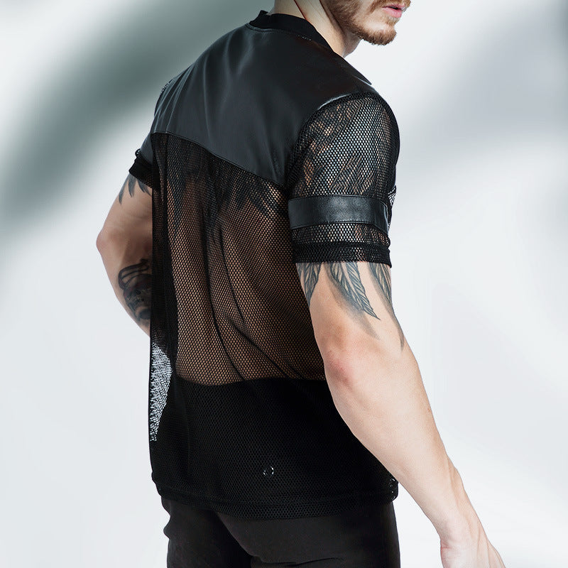 Men's Breathable Running Mesh T-shirt Stitching Casual Sports V-neck