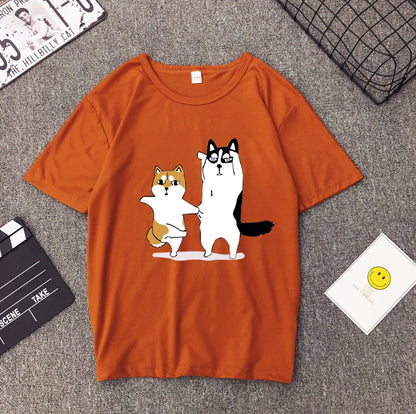 BF BF wind cartoon god trouble dog Husky couple print T-shirt loose student short sleeve