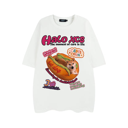 Cartoon Hamburger Dog Printed Short-sleeved T-shirt Couple's Tops