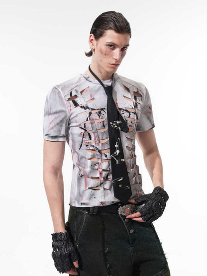 Cut Hollow-out Tight Short T-shirt Men's Stretch Short Sleeve
