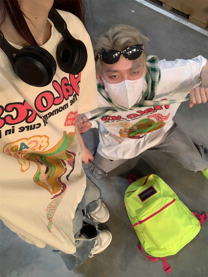 Cartoon Hamburger Dog Printed Short-sleeved T-shirt Couple's Tops