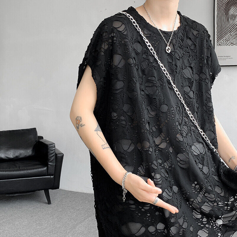 Black Ripped Beggar Sleeveless Wide Shoulder Vest