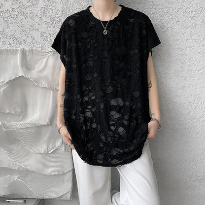 Black Ripped Beggar Sleeveless Wide Shoulder Vest