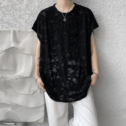 Black Ripped Beggar Sleeveless Wide Shoulder Vest