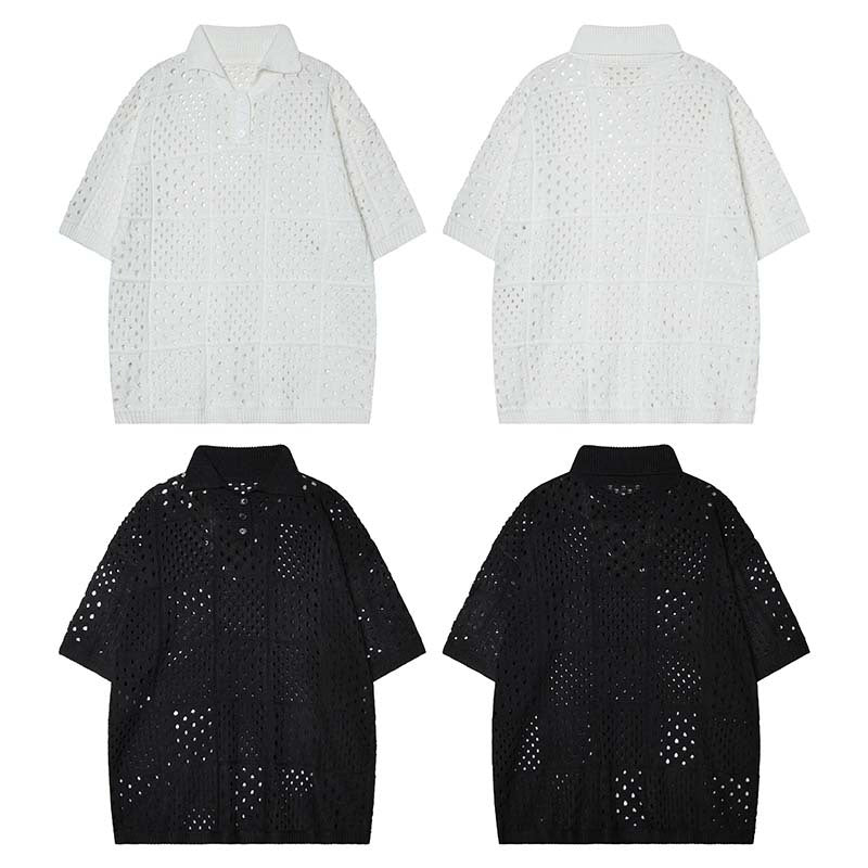Solid Color Hollow High Sense Short-sleeved Knitting Polo Shirt