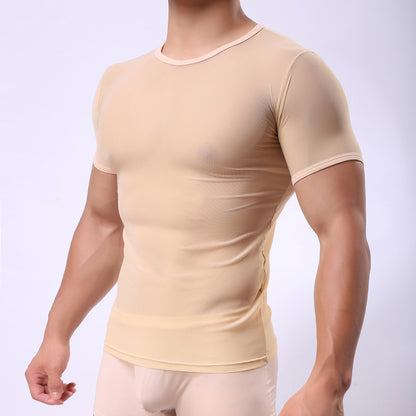 Men's Solid Color Sexy Mesh Transparent Short-sleeved T-shirt
