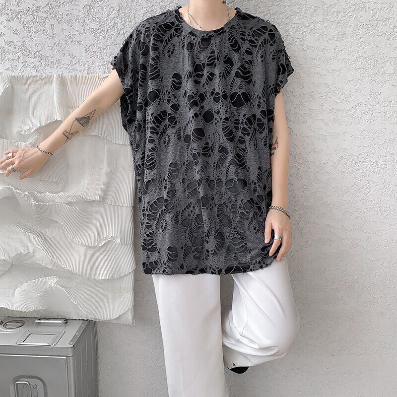 Black Ripped Beggar Sleeveless Wide Shoulder Vest