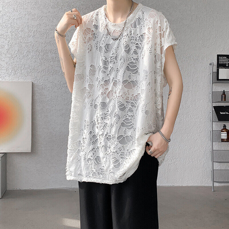 Black Ripped Beggar Sleeveless Wide Shoulder Vest