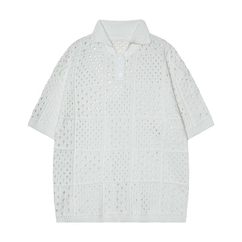 Solid Color Hollow High Sense Short-sleeved Knitting Polo Shirt