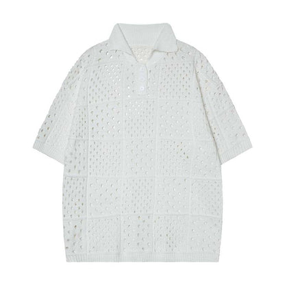 Solid Color Hollow High Sense Short-sleeved Knitting Polo Shirt