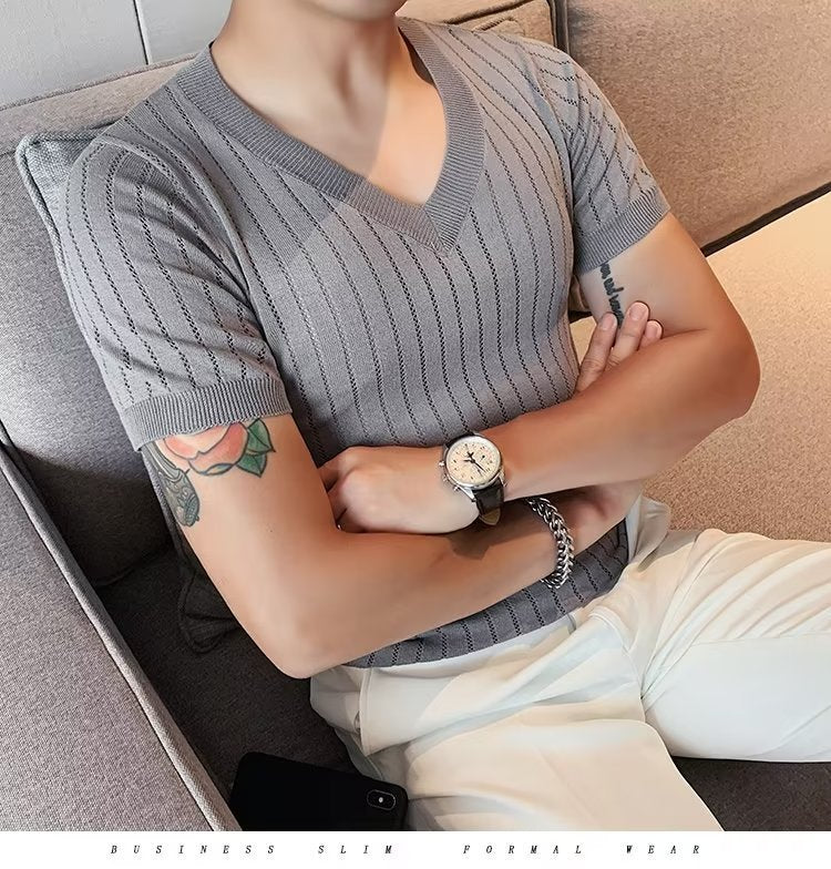 Men's Half Sleeve Hollow V-neck Slim-fit Short-sleeved