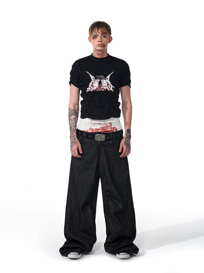 Pleating Men's Summer Printed Slim Fit Black Short Sleeve