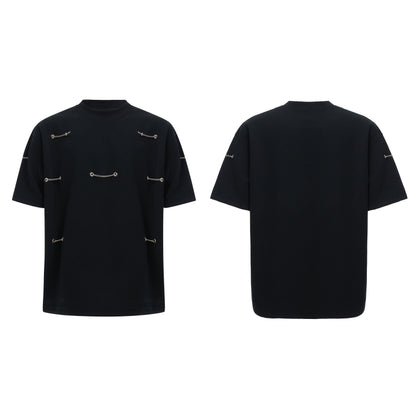 Metal Chain Padded Shoulder Short Sleeve Heavy Cotton Black T-shirt
