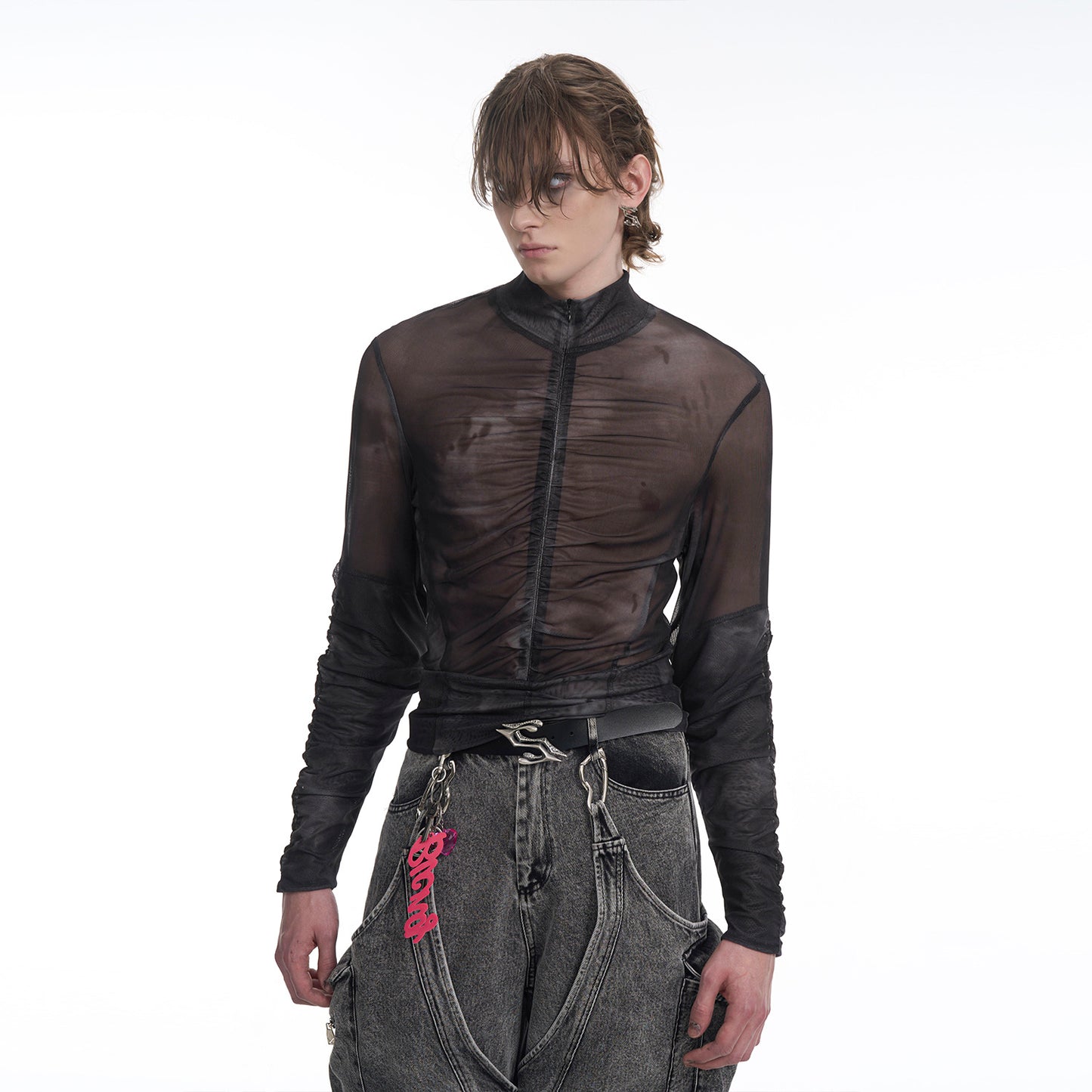 Half Turtleneck Mesh Zipper Bottoming Shirt Men's Long-sleeved T-shirt