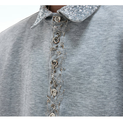 Loose And Versatile Sequined Square Neck Short Sleeved Shirt