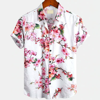 Summer New Men's Clothing Casual All-matching Fashion Trendy Printed Plant Pattern High Quality Short Sleeve Shirt