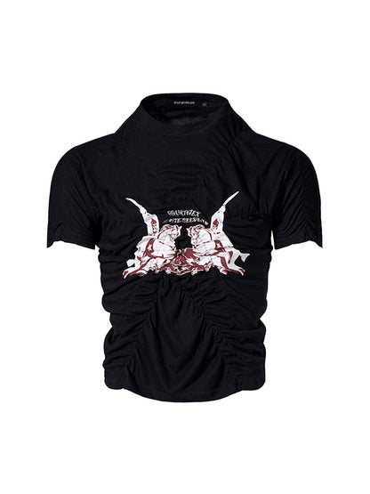 Pleating Men's Summer Printed Slim Fit Black Short Sleeve