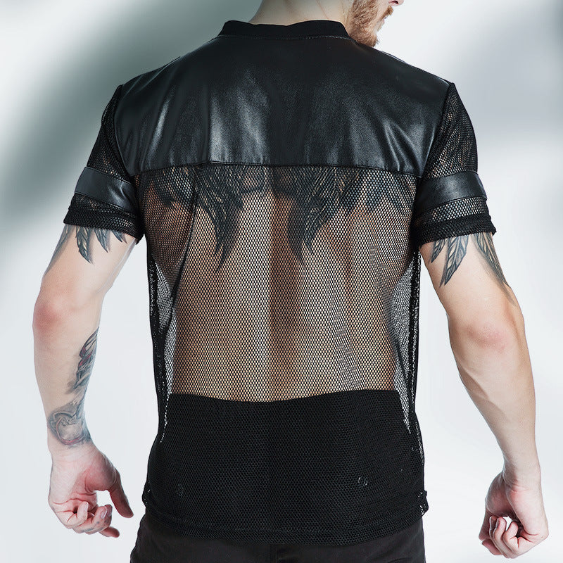 Men's Breathable Running Mesh T-shirt Stitching Casual Sports V-neck
